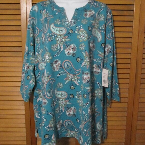 Kim Rogers Curvy NEW top turquoise blue cotton V neck soft stretchy size 1x - Picture 1 of 10